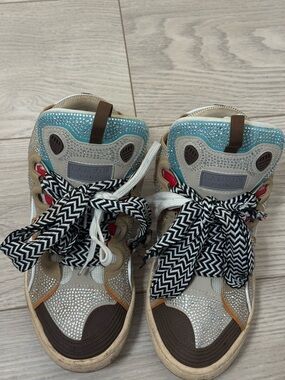 Lanvin Beige, Turquoise & Brown Rhinestone Sneakers women’s size 7 1/2